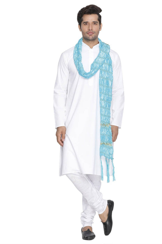 Men's White Cotton Kurta, Pyjama & Dupatta Set