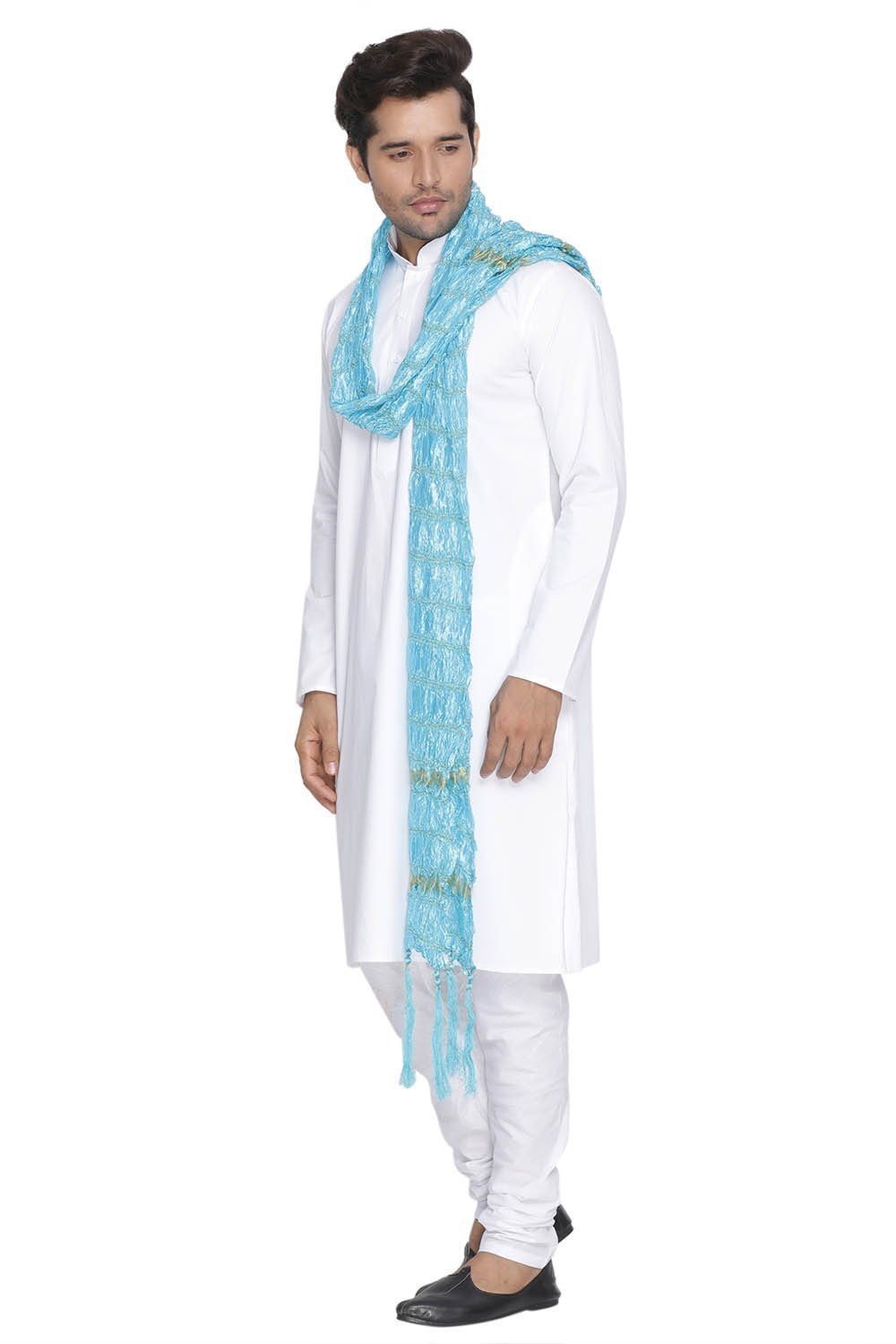 Men's White Cotton Kurta, Pyjama & Dupatta Set