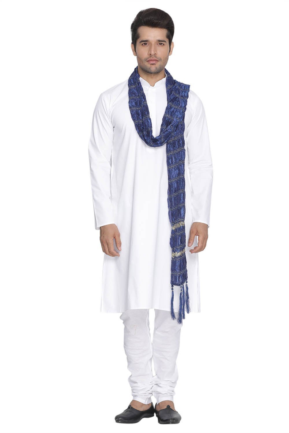 Men's White Cotton Kurta, Pyjama & Dupatta Set