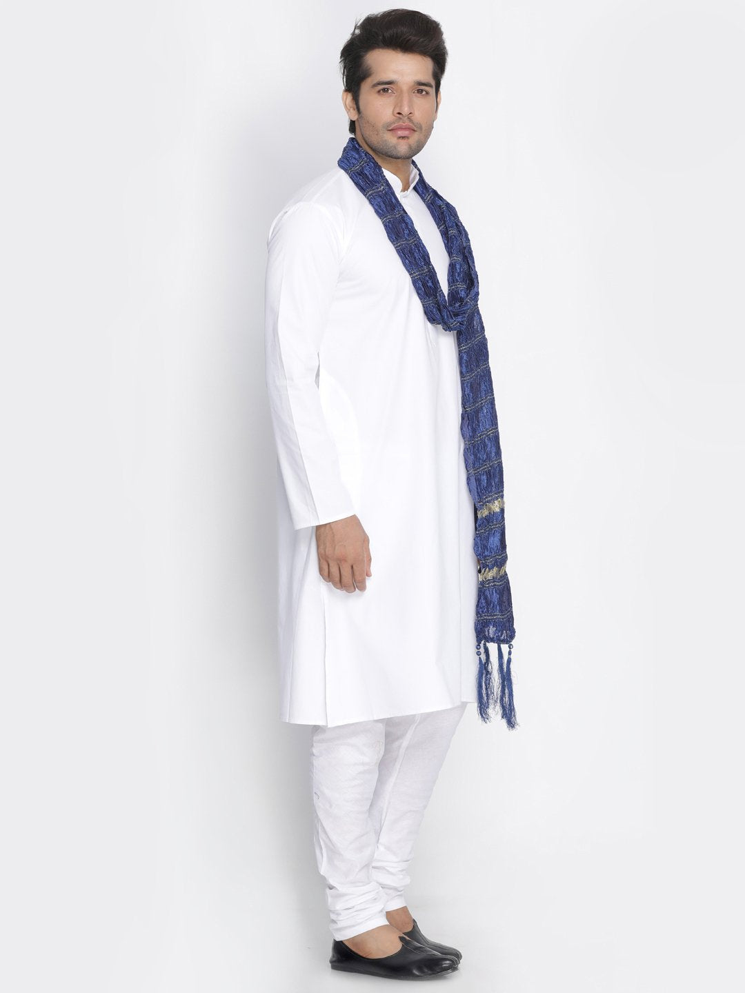 Men's White Cotton Kurta, Pyjama & Dupatta Set