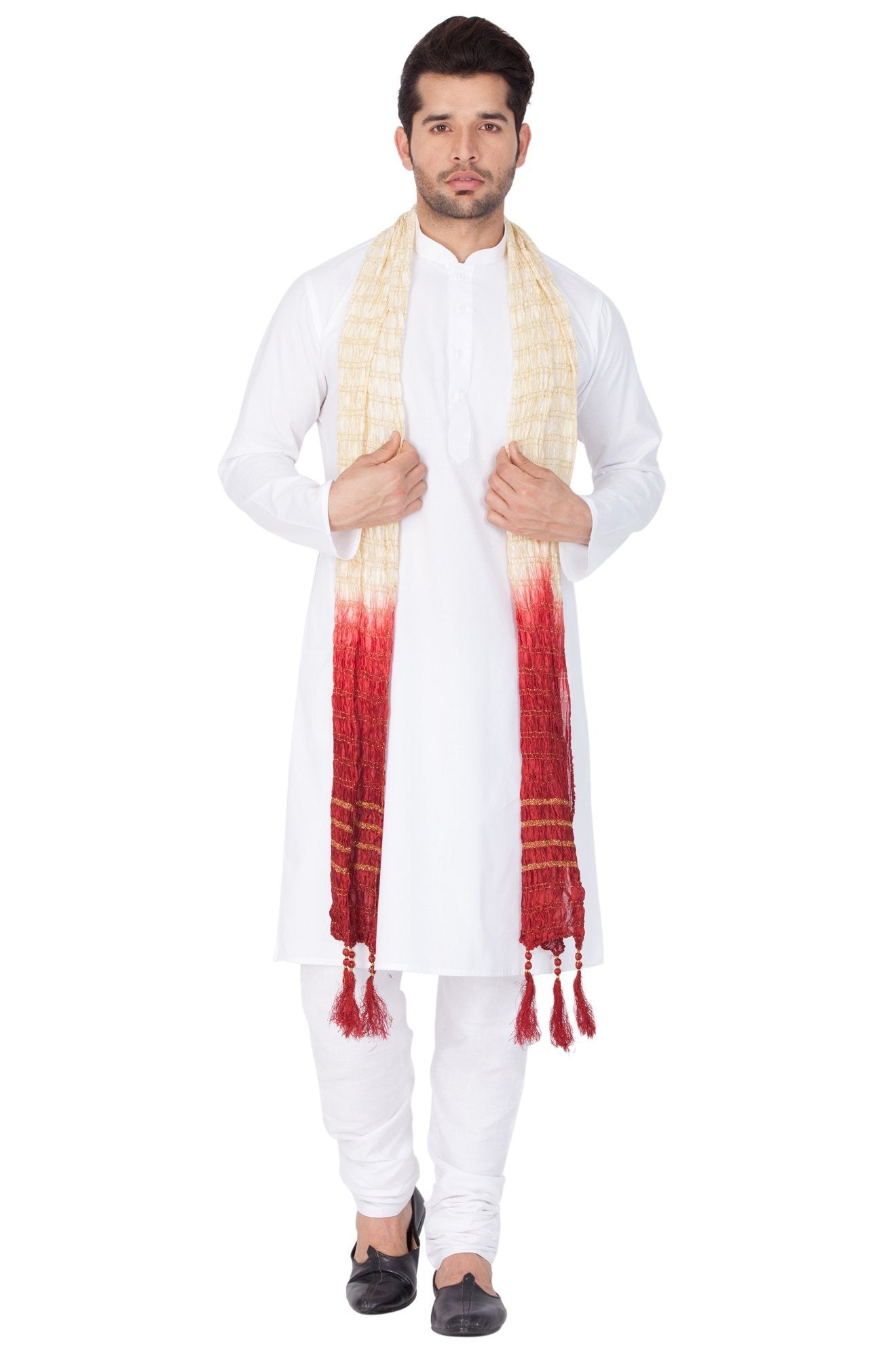 Men's White Cotton Kurta, Pyjama & Dupatta Set