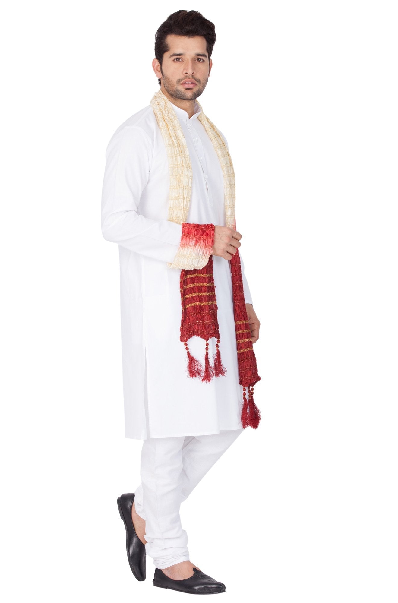 Men's White Cotton Kurta, Pyjama & Dupatta Set