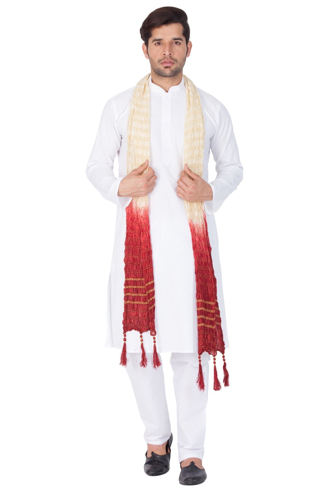 Men's White Cotton Kurta, Pyjama & Dupatta Set