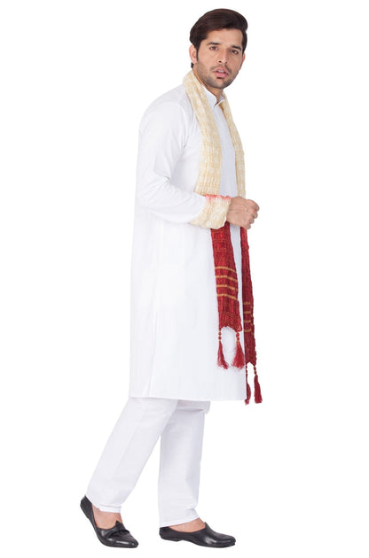 Men's White Cotton Kurta, Pyjama & Dupatta Set