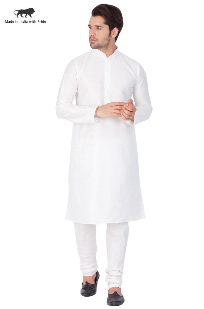 Men's White Silk Blend Kurta and Pyjama Set