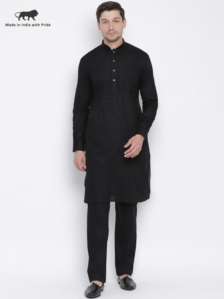 Men's Black Cotton Blend Pathani Suit Set