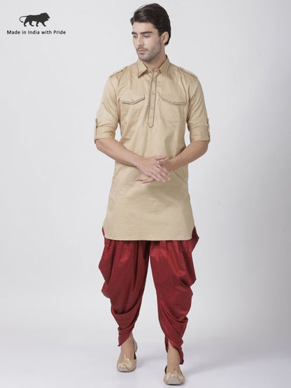 Men's Beige Cotton Blend Pathani Suit Set