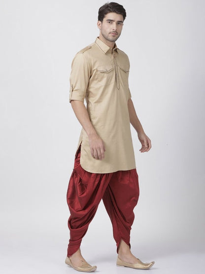 Men's Beige Cotton Blend Pathani Suit Set