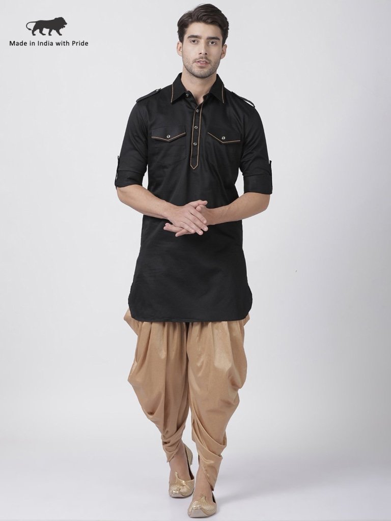 Men's Black Cotton Blend Pathani Suit Set