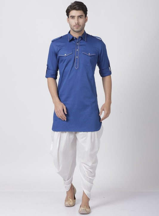 Men's Blue Cotton Blend Pathani Suit Set