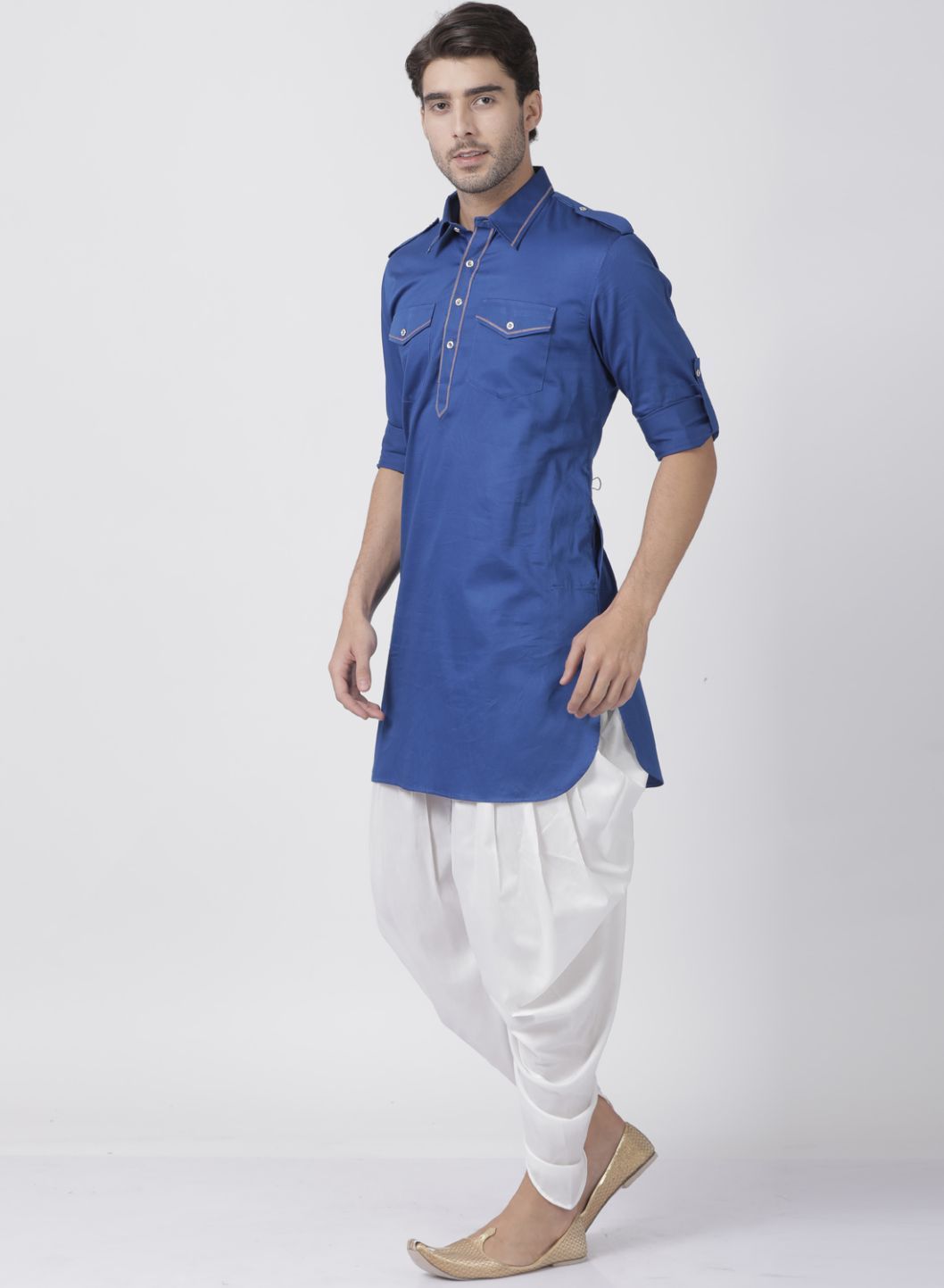 Men's Blue Cotton Blend Pathani Suit Set