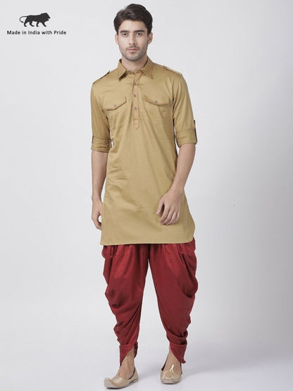 Men's Beige Cotton Blend Pathani Suit Set