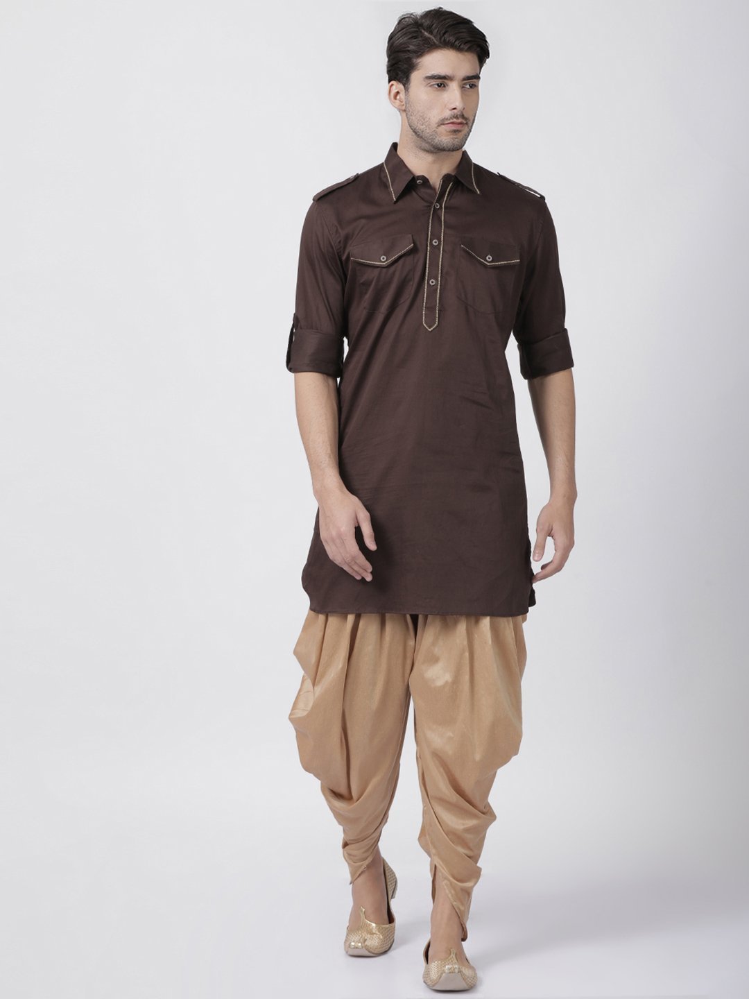 Men's Brown Cotton Blend Pathani Suit Set