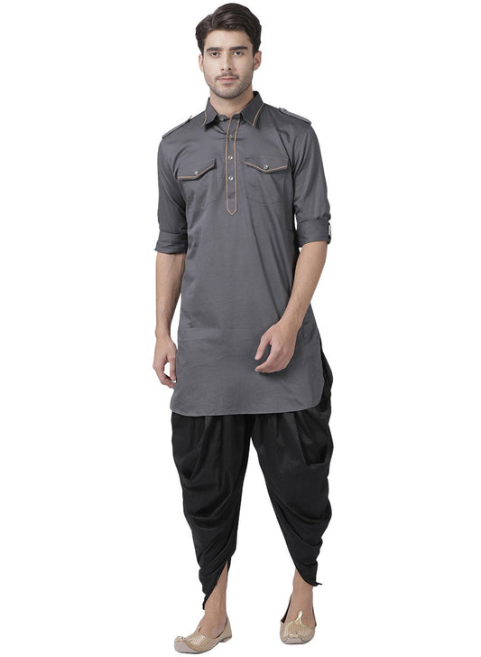 Men's Grey Cotton Blend Pathani Suit Set