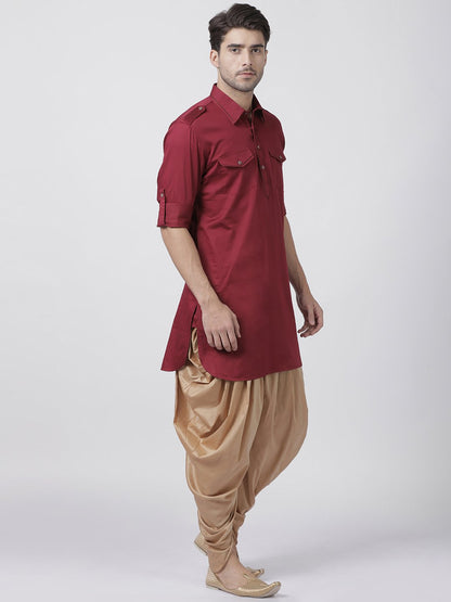 Men's Maroon Cotton Blend Pathani Suit Set