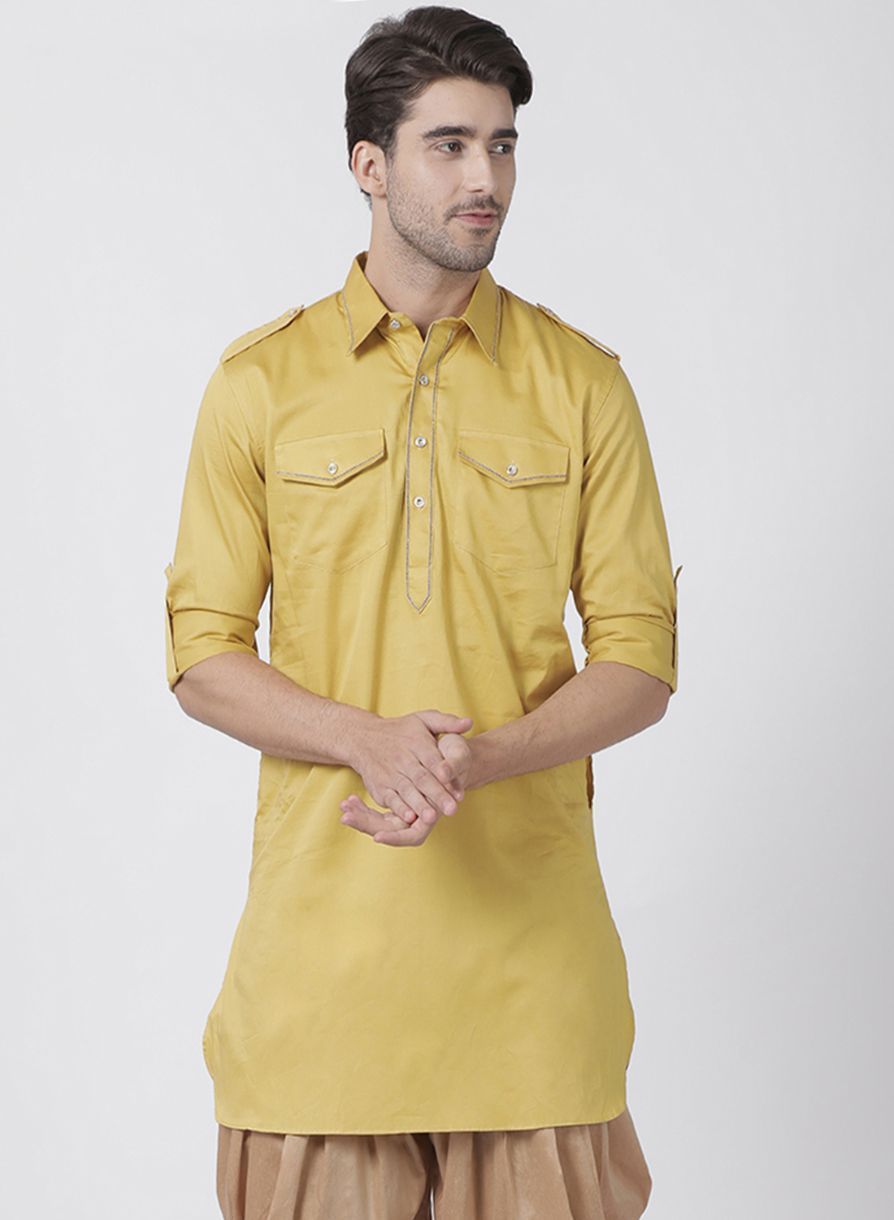 Men's Yellow Cotton Blend Kurta