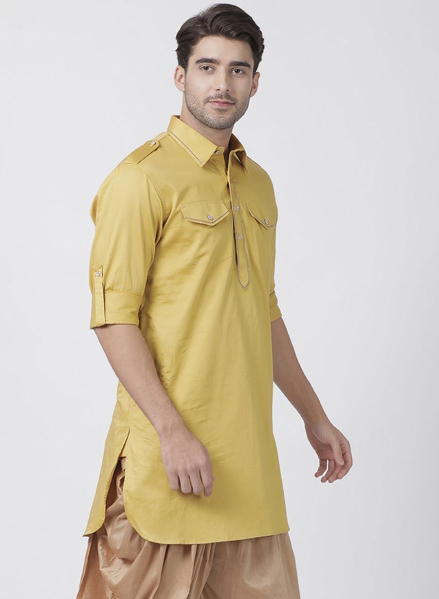 Men's Yellow Cotton Blend Kurta