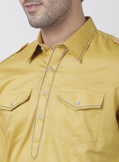 Men's Yellow Cotton Blend Kurta