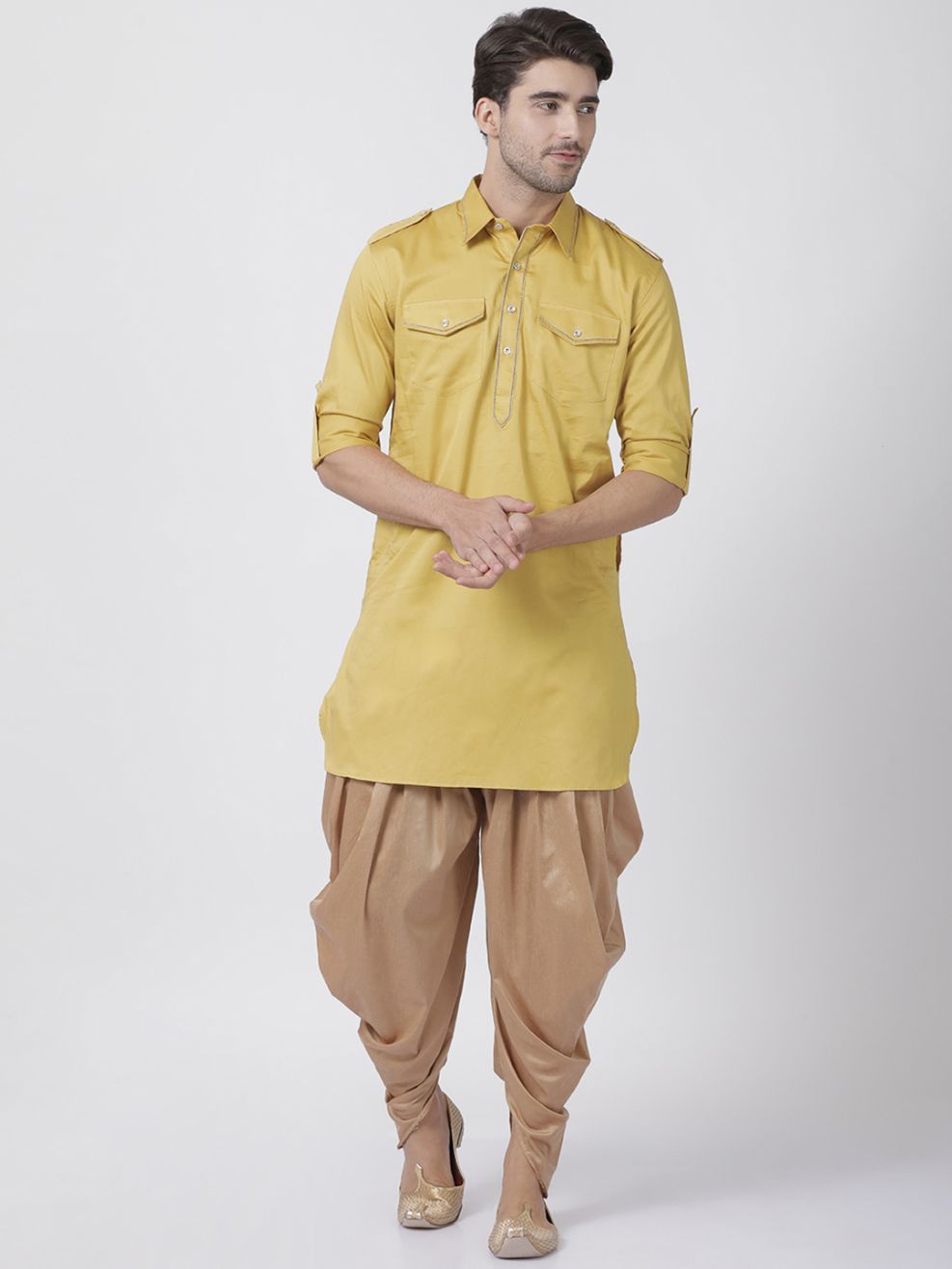 Men's Yellow Cotton Blend Kurta