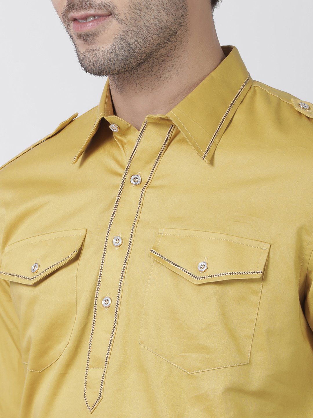 Men's Yellow Cotton Blend Pathani Suit Set