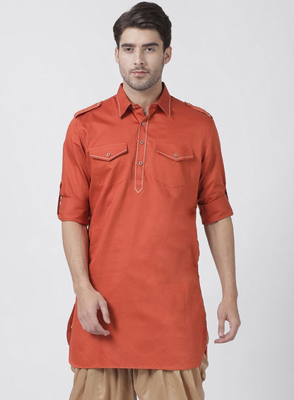 Men's Orange Cotton Blend Kurta