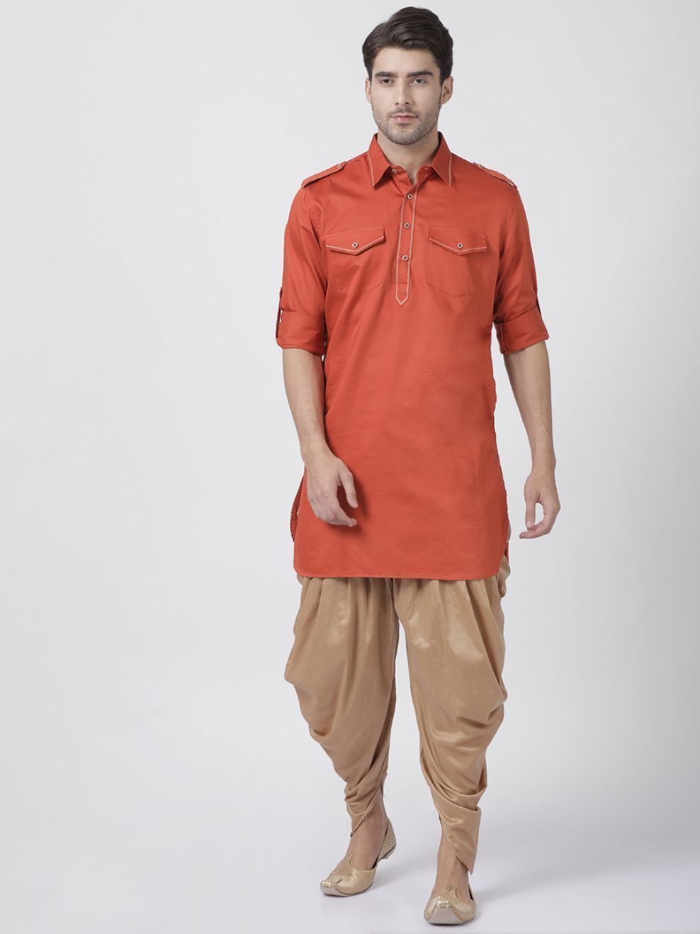 Men's Orange Cotton Blend Kurta