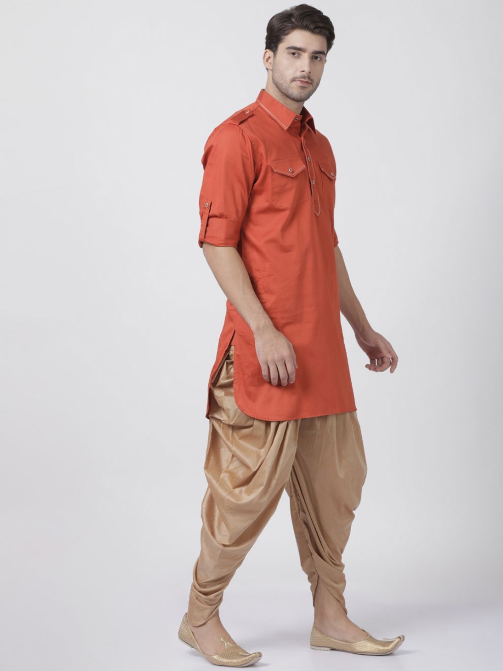 Men's Orange Cotton Blend Pathani Suit Set