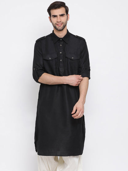 Men's Black Cotton Blend Pathani Style Kurta