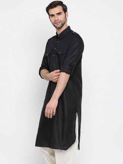 Men's Black Cotton Blend Pathani Style Kurta