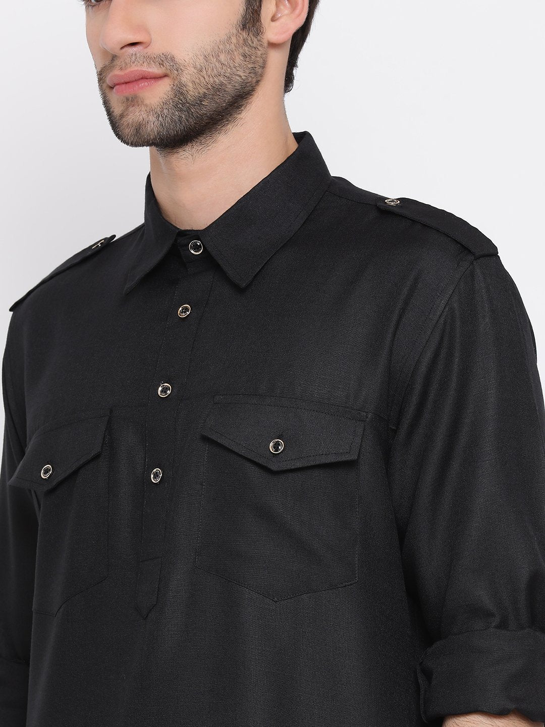 Men's Black Cotton Blend Pathani Style Kurta