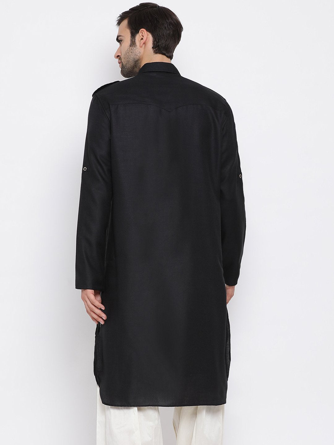 Men's Black Cotton Blend Pathani Style Kurta