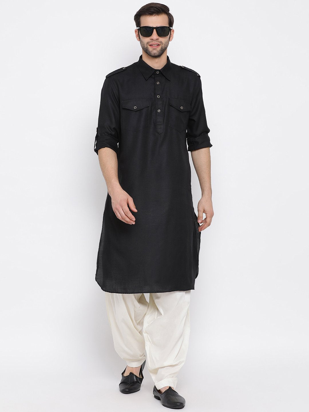 Men's Black Cotton Blend Pathani Style Kurta