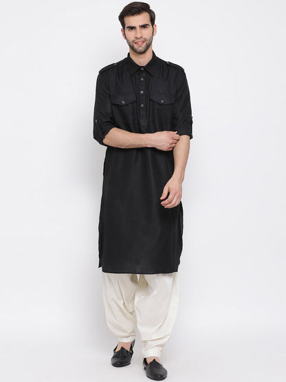 Men's Black Cotton Blend Pathani Suit Set