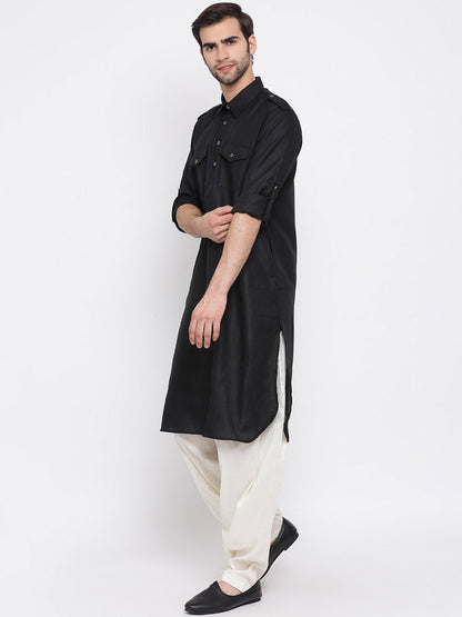 Men's Black Cotton Blend Pathani Suit Set