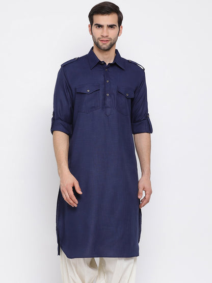 Men's Blue Cotton Blend Pathani Style Kurta