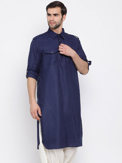 Men's Blue Cotton Blend Pathani Style Kurta