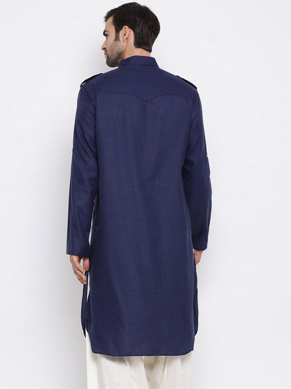 Men's Blue Cotton Blend Pathani Style Kurta