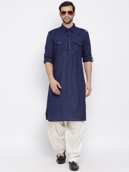 Men's Blue Cotton Blend Pathani Style Kurta