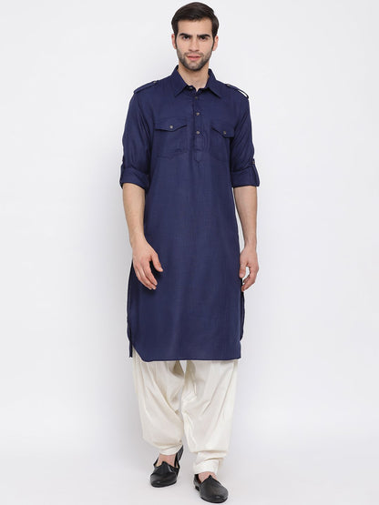 Men's Blue Cotton Blend Pathani Suit Set