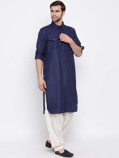 Men's Blue Cotton Blend Pathani Suit Set