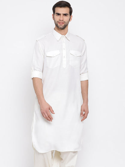 Men's Cream Cotton Blend Pathani Style Kurta