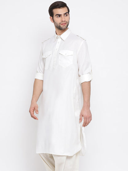 Men's Cream Cotton Blend Pathani Style Kurta