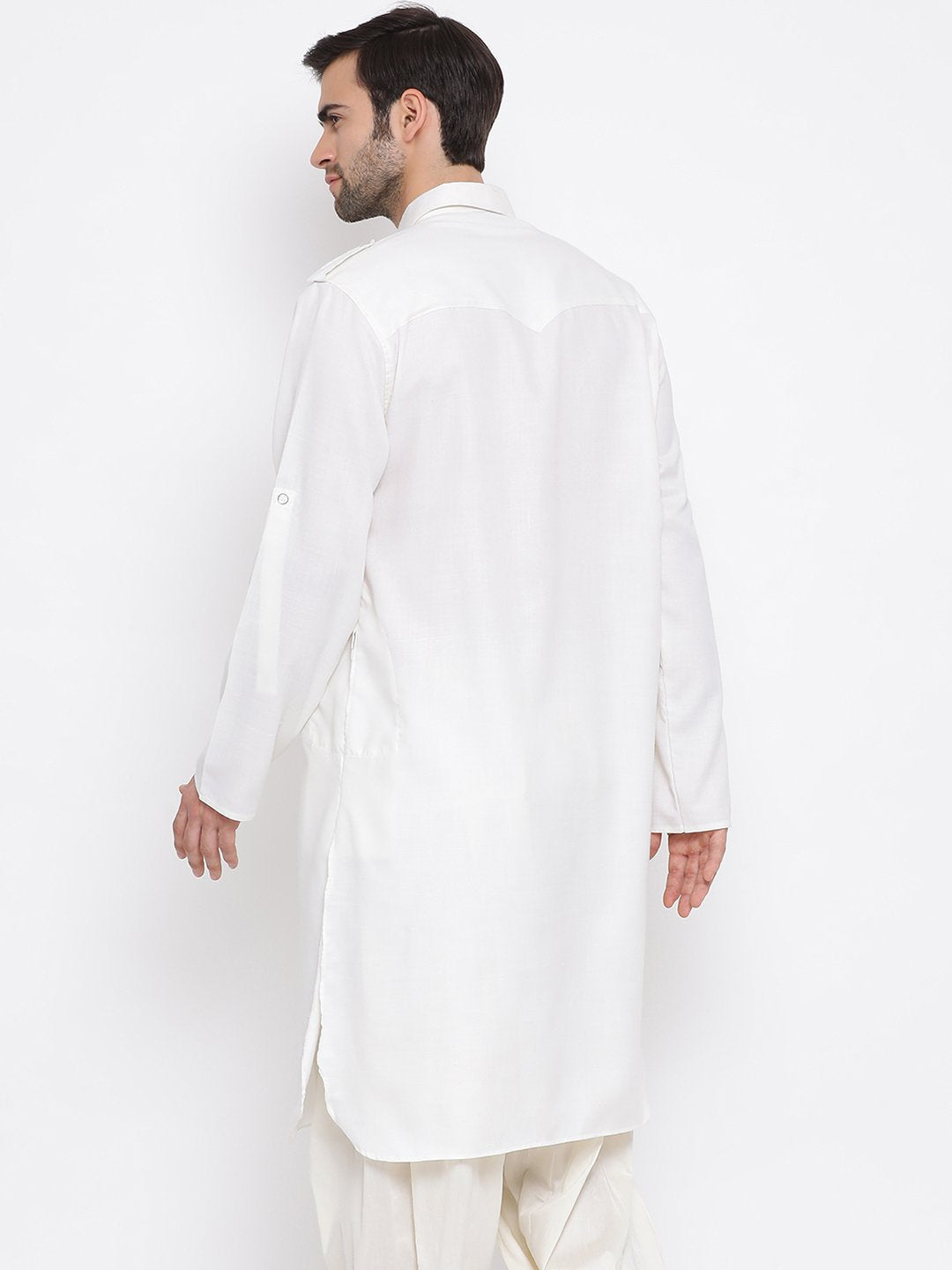 Men's Cream Cotton Blend Pathani Style Kurta