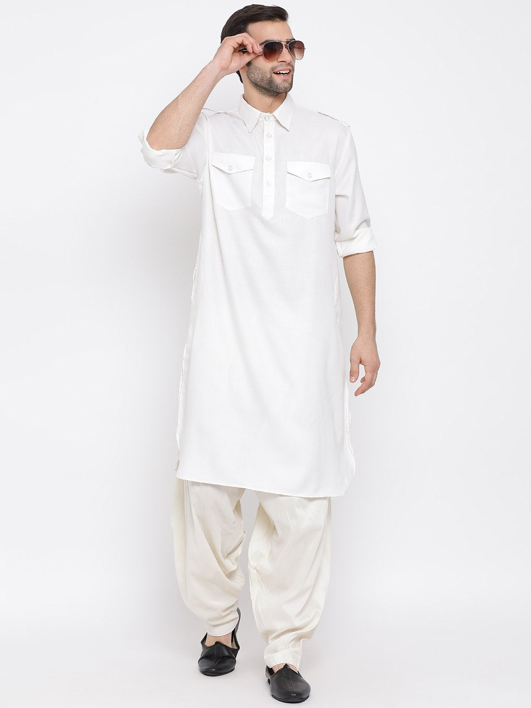 Men's Cream Cotton Blend Pathani Style Kurta