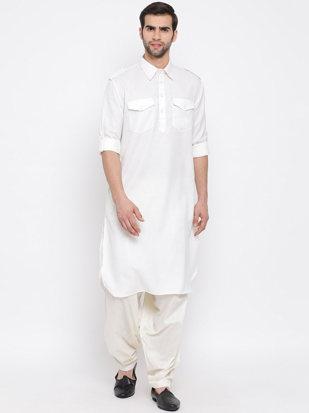 Men's Cream Cotton Blend Pathani Suit Set