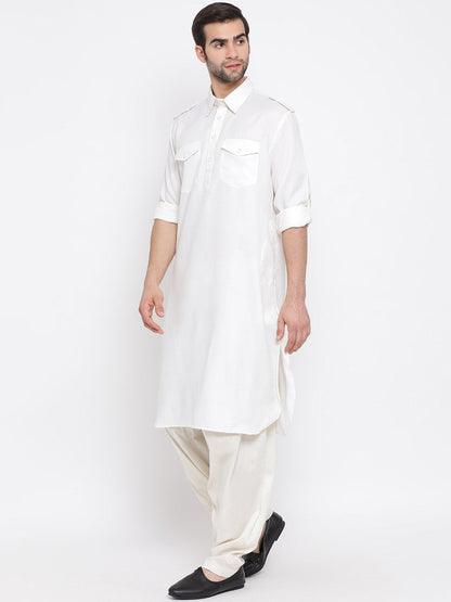 Men's Cream Cotton Blend Pathani Suit Set