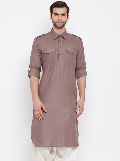 Men's Grey Cotton Blend Pathani Style Kurta