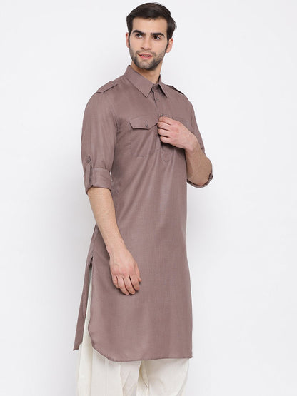 Men's Grey Cotton Blend Pathani Style Kurta