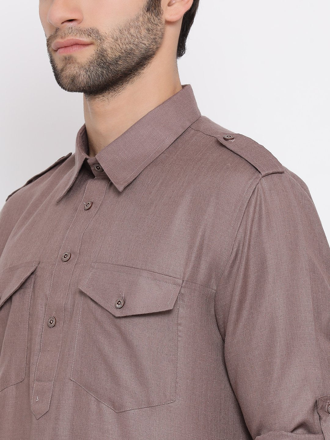 Men's Grey Cotton Blend Pathani Style Kurta