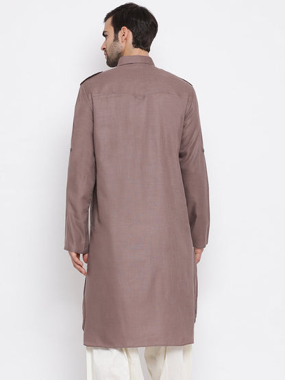 Men's Grey Cotton Blend Pathani Style Kurta